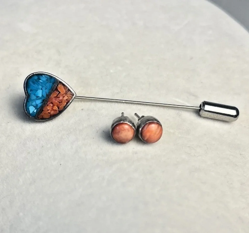 Vintage 925 Sterling Silver Coral Turquoise Inlay Heart Stick Pin Stud Earrings